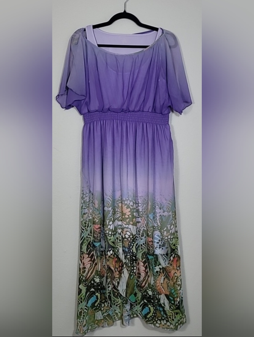 One World Butterfly Sheer Overlay Maxi Dress Size M Purple Whimsigoth Y2K